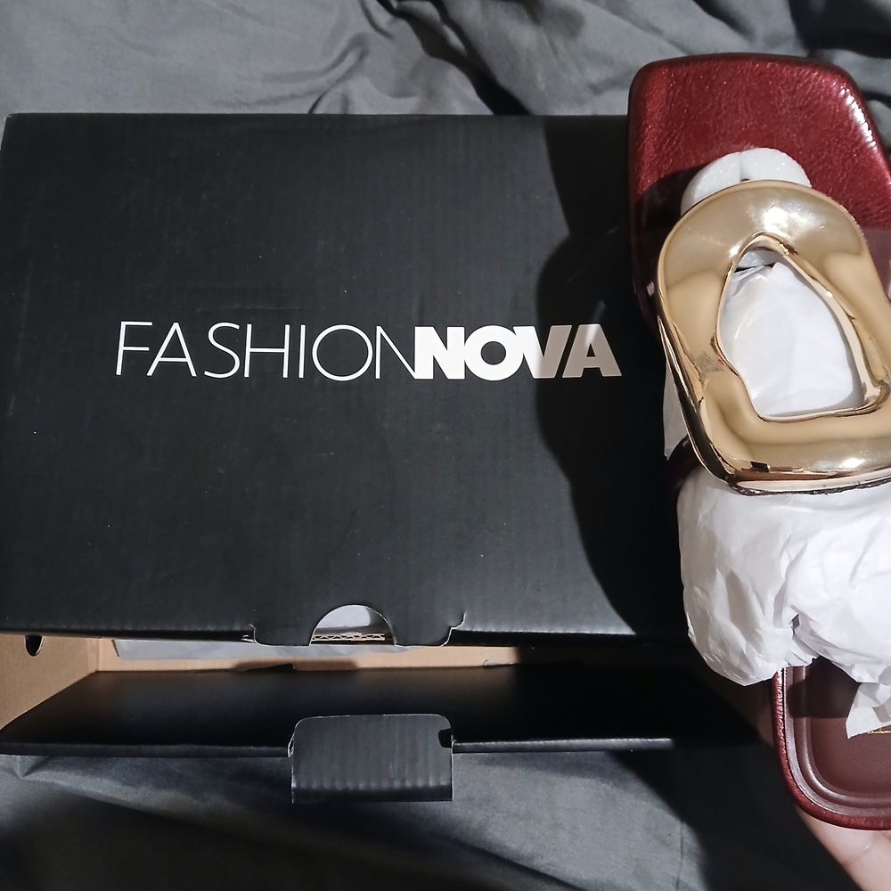 Fashion Nova Maroon and Gold Slide Sandals